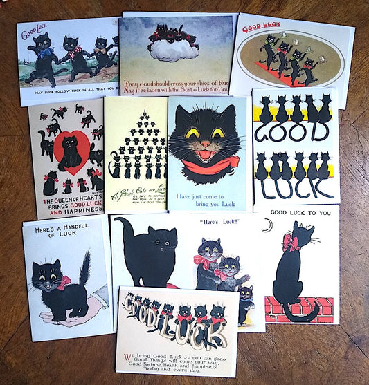 Black Cat Good Luck Pack - 12 Vintage Illustration Cat Cards