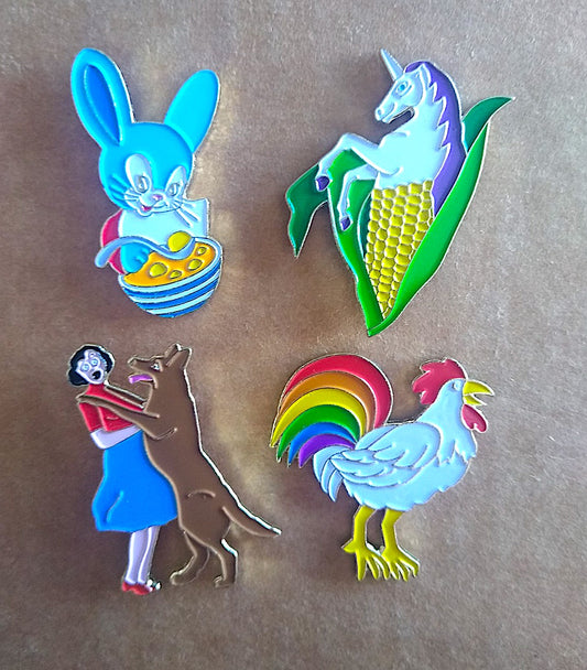 Animal Enamel Pin Set - 4 x Pin Badges - Bunny, Big Dog, Unicorn and Cock!